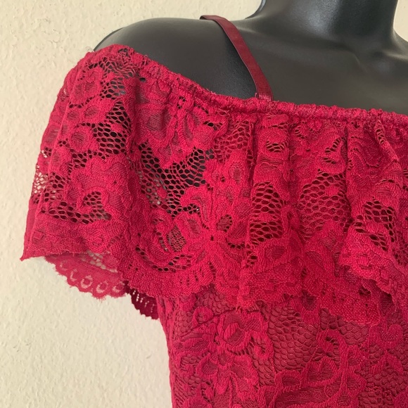 A. Buyer Red Maroon Lace Off Shoulder Fitted Dress - Picture 3 of 10